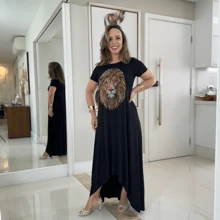 Rhinestone Lion Print Midi Mulet Dress - Negro - Ver 1