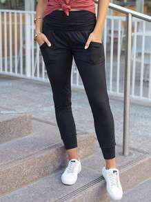 女士高腰褶皱口袋紧身裤 - 黑色 - 查看 6