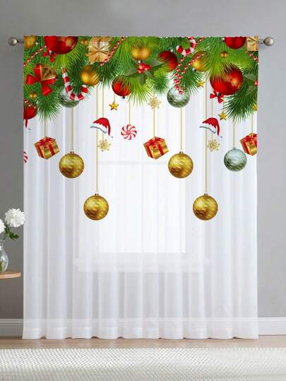 1 buc Perdea Transparentă Decorativă de Crăciun, Decorațiune pentru Cameră, Perdea pentru Living, Decor de Toamnă pentru Casă, Perdea pentru Dormitor, Decorațiune de Toamnă pentru Casă, Perdea Transparentă Decorativă de Crăciun, Baloane de Crăciun, Clopoței, Decor de Brad de Crăciun pentru Cameră, Dormitor, Living, Perdea Translucidă