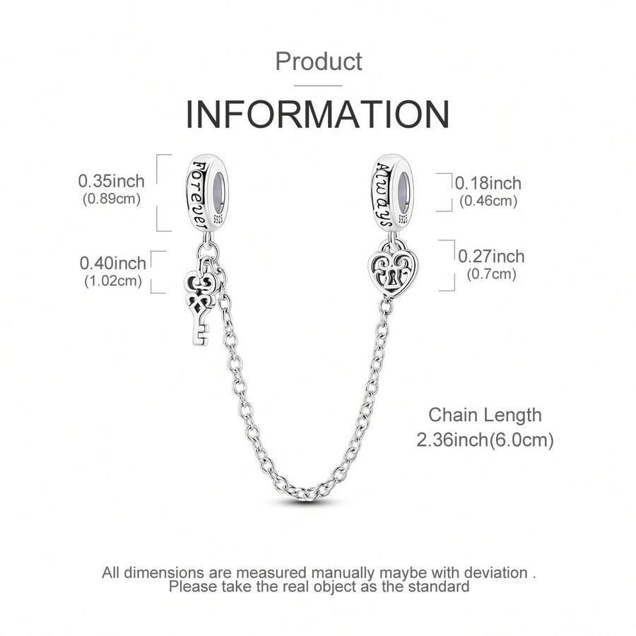 925 Sterling Silver Hollow Heart Love Lock Rubber Safety Chain Charm