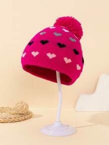 1pc Kids Colorful Heart Print Beanie Hat, Thin Knit Warm Hat With Cute Pom Pom Decor, Suitable For Autumn/Winter Daily Wear, New Year, Christmas, Dopamine Outfit