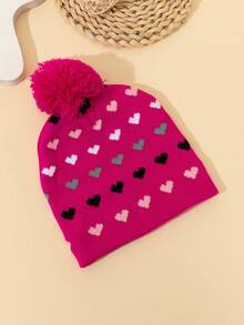 1pc Kids Colorful Heart Print Beanie Hat, Thin Knit Warm Hat With Cute Pom Pom Decor, Suitable For Autumn/Winter Daily Wear, New Year, Christmas, Dopamine Outfit