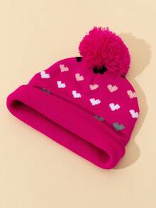 1pc Kids Colorful Heart Print Beanie Hat, Thin Knit Warm Hat With Cute Pom Pom Decor, Suitable For Autumn/Winter Daily Wear, New Year, Christmas, Dopamine Outfit