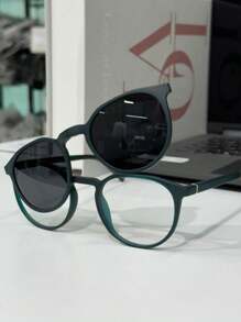 Tomorrow Clip-On Glasses 2 In 1 Unisex Round Small Size / Foldable Solar Polarized 03004 - Dark Green - View 1