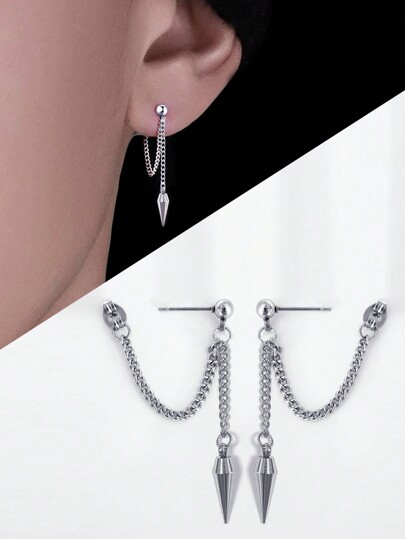 1pair Stainless Steel Punk Style Cone Shape Front-Back Earrings For Men, Hypoallergenic