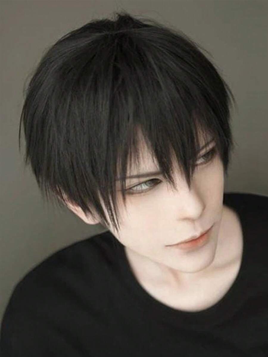 10 Inch Short Straight Black Synthetic Hair Wig With Oblique Bangs For Men, Suitable For Daily Wear, Holiday, Dance Party, Halloween Costume Party - Black - View 1