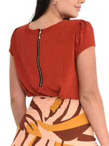 Women's Short Sleeve Blouse With Zipper On The Back Plain Fabric - Màu Cam cháy - Xem 2