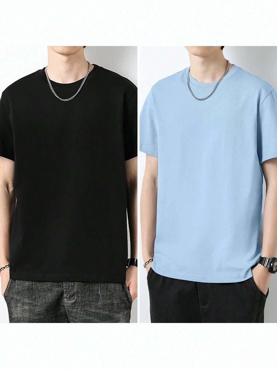 Kit With 2 Pieces Plain Basic Short Sleeve T-Shirts 100% Cotton 30.1 Yarn Combed - 黑色/淡藍色 - 查看 1