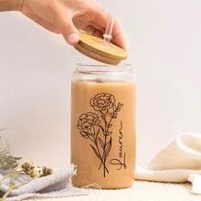 个性化花朵和名字玻璃杯，带圆顶竹盖，定制 500 毫升咖啡杯/奶茶杯/水杯，带盖和吸管和吸管清洁刷。节日送给家人和朋友的有意义的礼物 - 白色 - 查看 3