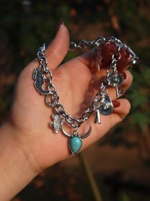 1 件西式吊坠手链、1 件西式帽子马蹄仙人掌手链、1 件西部牛仔风格闪电地图手链、1 件西式绿松石手链