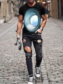 Men's Summer Geometric Print Crew Neck Short Sleeve Casual T-Shirt