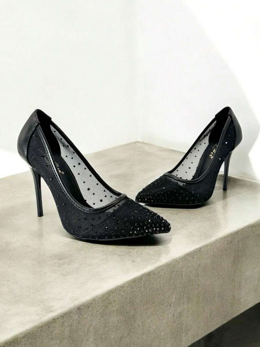 RevReaL Elegant Mesh Pumps With Studded Detailing Valentines Stylish High Heels - Black - View 1