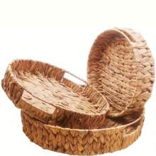 3pcs/2pcs/1pc Water Hyacinth Woven Storage Baskets, Rattan Trays For Snacks, Fruits, Living Room Tea, Cakes, Bread, Home Organization And Storage, Kitchen Accessories, Living Room Decor, Farmhouse Decor