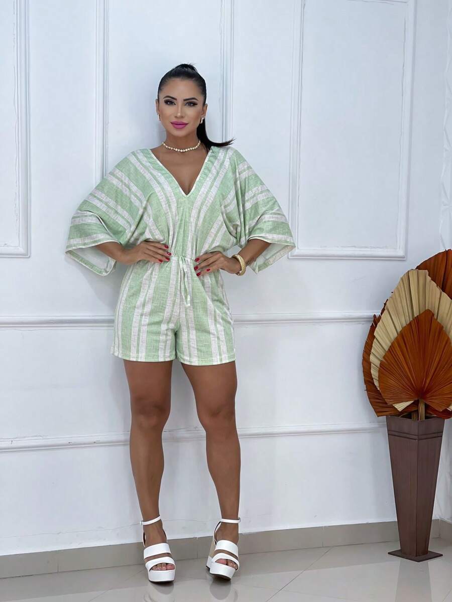 Flare Sleeve Striped Jumpsuit Casual Beachwear - 青檸色 - 查看 1