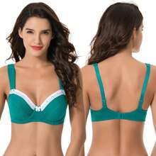 Women's Plus Size Underwired Unlined Balconette Cotton Bra - 墨綠色,檸檬色,黑色印花(3包) - 查看 3