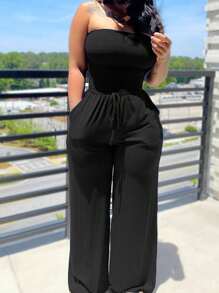Womens Jumpsuit Casual Summer Strapless  Rompers Loose Jumpsuit With Pockets - màu đen - Xem 2