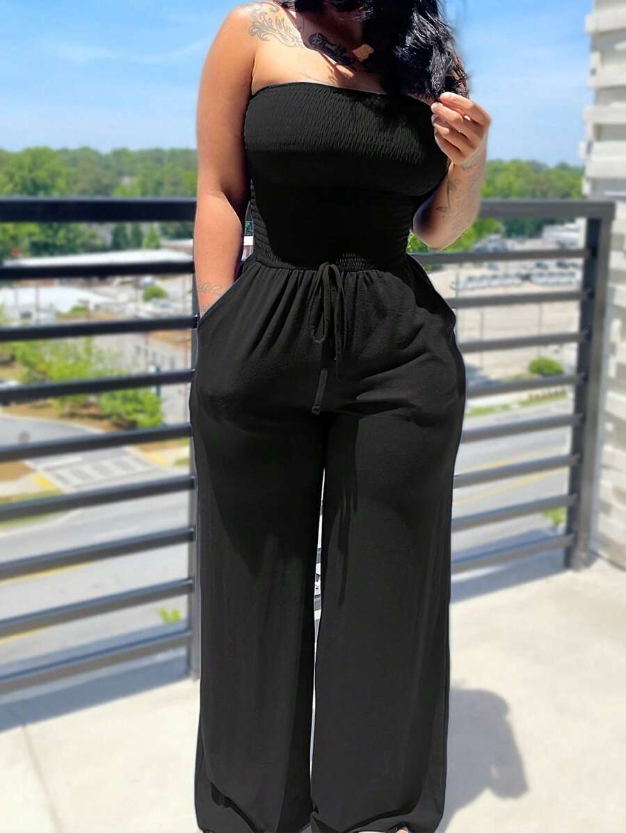 Mono para mujer 2024 Casual de verano sin tirantes Monos sueltos con bolsillos Monos de una pieza - Negro - Ver 1