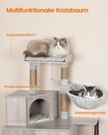 HaluPeit Cat Litter Box Enclosure With Cat Tree, 4-In-1 Modern Cat House With Large Platform, Cat Condo With Sisal Scratching Mat, Posts, Stairs And Pompom, Washable Cushions, Greige - Greige - View 3