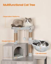 HaluPeit Cat Litter Box Enclosure With Cat Tree, 4-In-1 Modern Cat House With Large Platform, Cat Condo With Sisal Scratching Mat, Posts, Stairs And Pompom, Washable Cushions, Greige - Greige - View 7