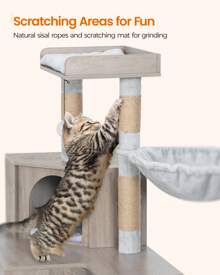 HaluPeit Cat Litter Box Enclosure With Cat Tree, 4-In-1 Modern Cat House With Large Platform, Cat Condo With Sisal Scratching Mat, Posts, Stairs And Pompom, Washable Cushions, Greige - Greige - View 6