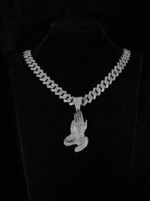 Conjunto con colgante en forma de cruz y mano rezando con piedras de rhinestone brillante. Joyería duradera de zinc en color dorado y plateado, accesorios de regalo para hombres y mujeres en días festivos - collar de oración - Ver 5