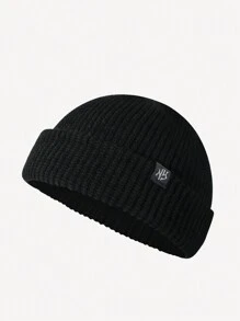 1 件女士纯色布标葫芦皮针织帽，无帽檐，适合秋冬保暖和日常穿着 - W標 - 查看 3