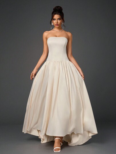 Backless Bow Trim Boning Corset Streaking Hem Ruched Tube Women Prom Maxi Dresses Elegant Formal Evening Wedding Guest Gown, For Graduation, Dinner