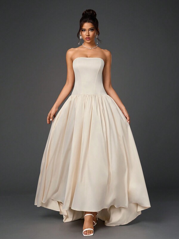 Backless Bow Trim Boning Corset Streaking Hem Ruched Tube Women Prom Maxi Dresses Elegant Formal Evening Wedding Guest Gown, For Graduation, Dinner