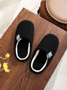 女士柔软简约毛绒衬里拖鞋，轻便一脚蹬室内休闲鞋，适合居家使用，黑色和白色，时尚拖鞋，优雅的学院风，适合秋冬季 - 黑色 - 查看 2