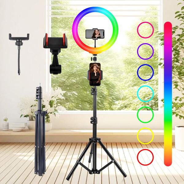 LinkdoSky 10 Inch Professional Selfie Ring Light With Stand -110cm High, 38 Color Modes, Stepless Dimming, Speed LED, Tripod Stand, Phone Stand, Android System, Makeup, Video Recording, Live Streaming, Photography