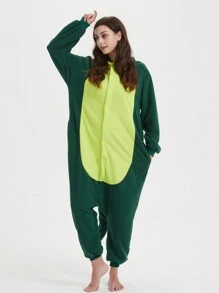 Green Dinosaur Unisex, Plus Size Cartoon One Piece Pajamas, Fleece Thickened Hooded Jumpsuit, Fall, Winter, Christmas Animal Cosplay One Piece Pajamas, Funny One Piece Outfit For Halloween Party - màu xanh lá - Xem 4
