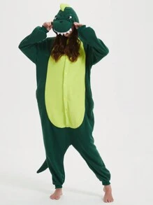 Green Dinosaur Unisex, Plus Size Cartoon One Piece Pajamas, Fleece Thickened Hooded Jumpsuit, Fall, Winter, Christmas Animal Cosplay One Piece Pajamas, Funny One Piece Outfit For Halloween Party - màu xanh lá - Xem 1