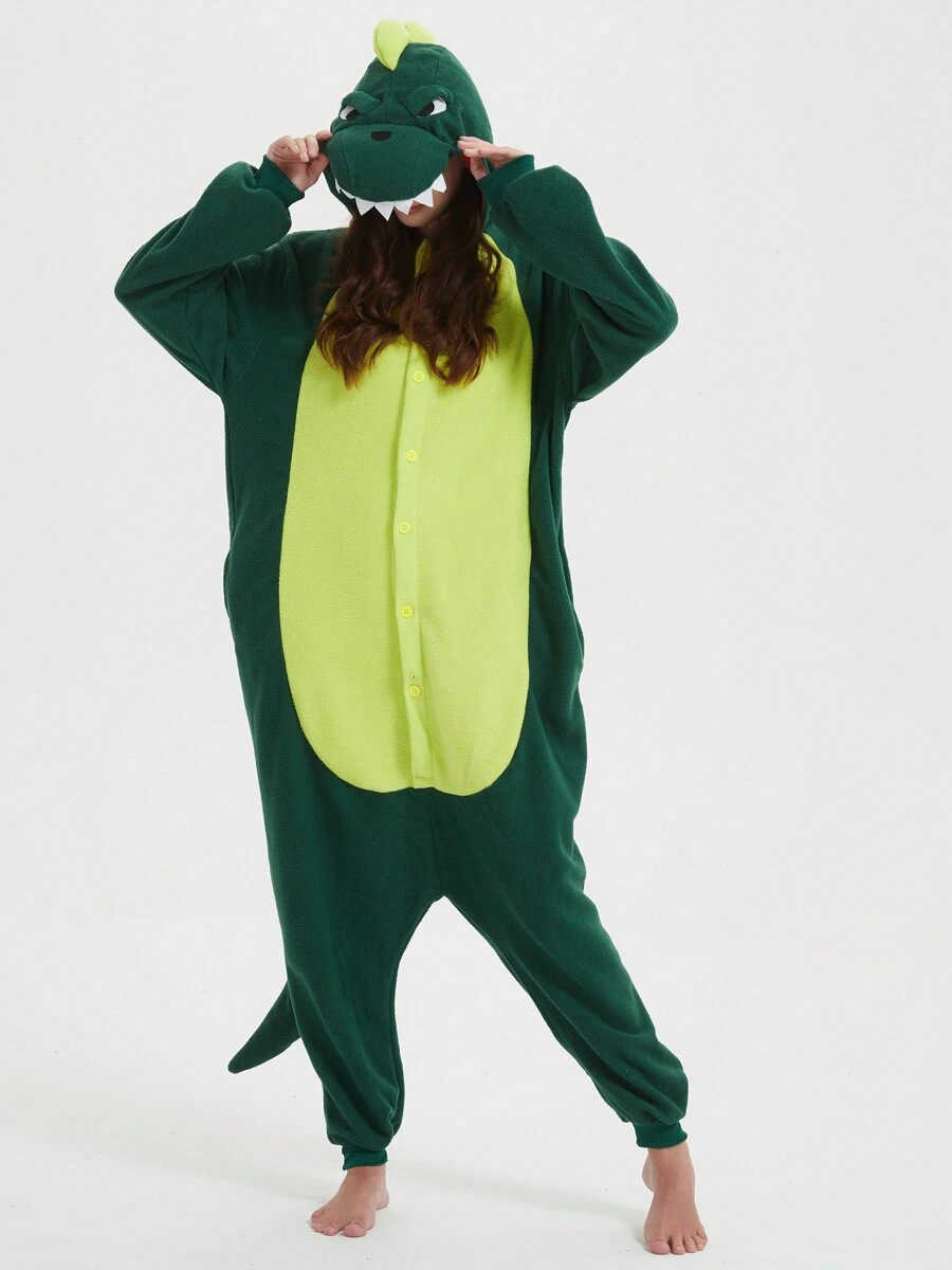Green Dinosaur Unisex, Plus Size Cartoon One Piece Pajamas, Fleece Thickened Hooded Jumpsuit, Fall, Winter, Christmas Animal Cosplay One Piece Pajamas, Funny One Piece Outfit For Halloween Party - màu xanh lá - Xem 1