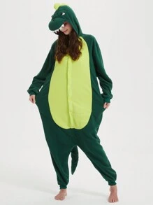 Green Dinosaur Unisex, Plus Size Cartoon One Piece Pajamas, Fleece Thickened Hooded Jumpsuit, Fall, Winter, Christmas Animal Cosplay One Piece Pajamas, Funny One Piece Outfit For Halloween Party - màu xanh lá - Xem 3