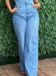 Women's Strapless Denim Jumpsuit With Elastane - Azul Claro - View 9