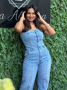 Women's Strapless Denim Jumpsuit With Elastane - Azul Claro - View 2