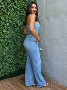 Women's Strapless Denim Jumpsuit With Elastane - Azul Claro - View 4
