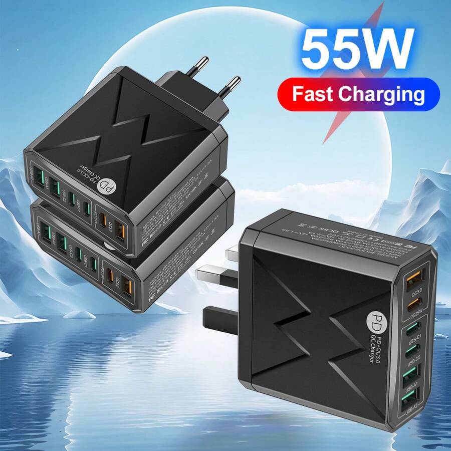 高压 6 端口 3A 3C 美国/欧盟/英国插头 QC3.0 多 USB 充电器适配器兼容 Apple、兼容三星和其他智能手机，适用于旅行、办公室、宿舍和家庭多端口