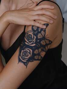 Tatouages semi-permanents minimalistes au jus d'herbes, motifs papillon et rose, cadeau pour festival de musique, fête, vacances, résistant à l'eau 7-14 jours, non décolorant, non réfléchissant, autocollant de tatouage corporel pour épaule, cou, bras, taille, abdomen, jambe, clavicule, 1 feuille - Bleu azur - Voir 2