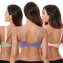 Women's Plus Size Underwired Unlined Balconette Cotton Bra - 淺粉紅色,紫色,印花綠色(3件裝) - 查看 2