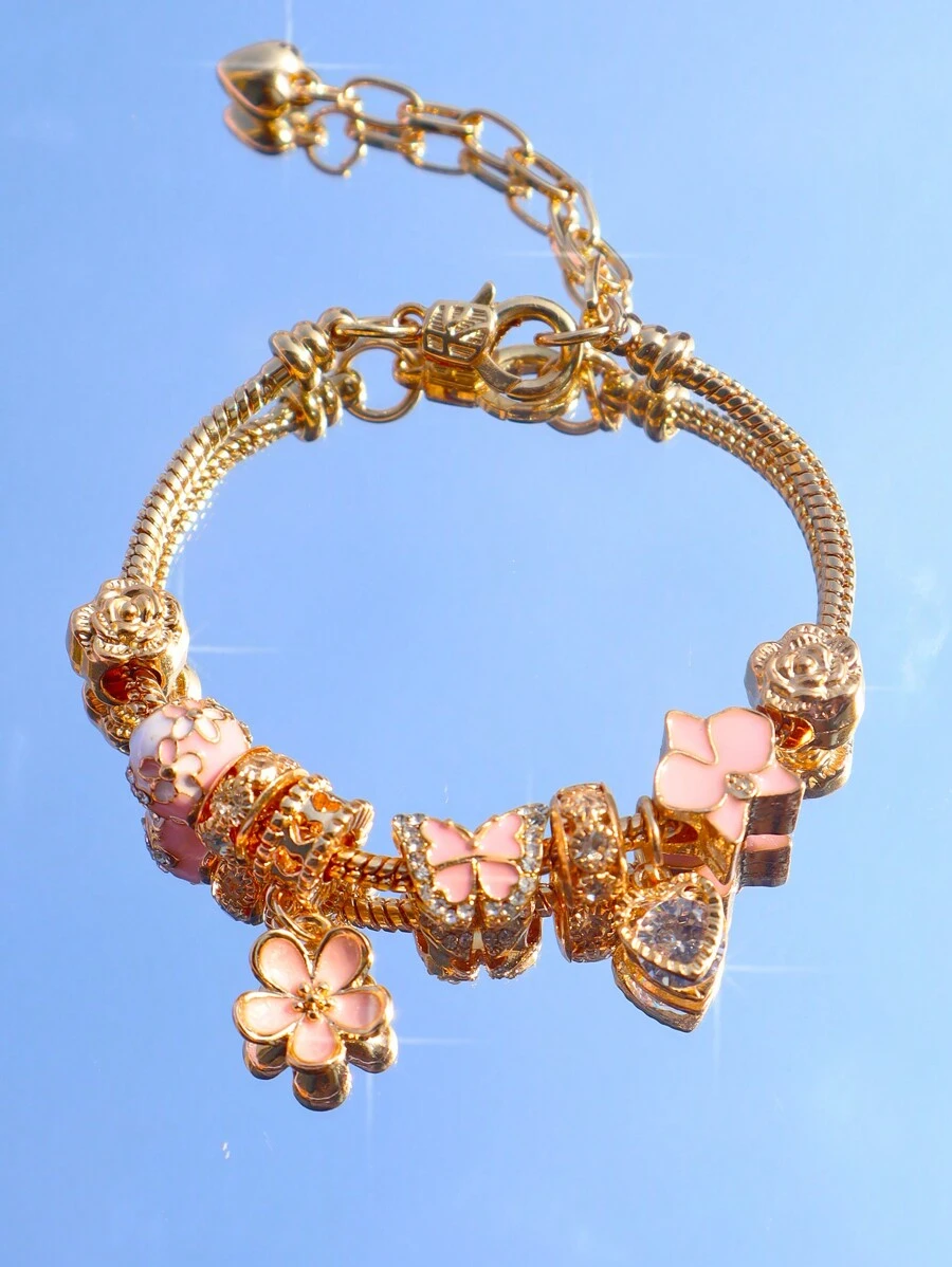 1 件粉色蝴蝶结心形手链，星形 DIY 手链，芭蕾可调节手链，粉色手链