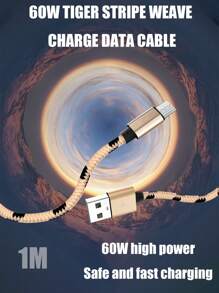 60W High Power, 1 Meter, USB To TYPE-C Interface Data Cable, Tiger Weave Material, Compatible With TYPE-C Interface Devices. 2-In-1 High-Power Charging And Data Transmission. - Tiger Stripes - View 2