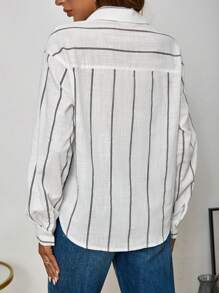 QIANZHIDU 女士宽松竖条纹长袖休闲办公商务风衣，优雅成熟，秋季衬衫，女士优雅衬衫，春季女装，女士派对衬衫，女士休闲衬衫，女士衬衫 - 白色 - 查看 3