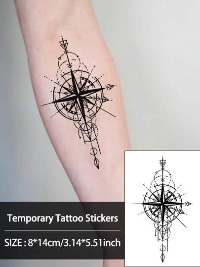 1 件几何罗盘临时纹身简单防水防汗一次性纹身贴纸适用于女性手臂、腰部、胸部、腿部、腹部、颈部、手部、手指、背部现代人体艺术