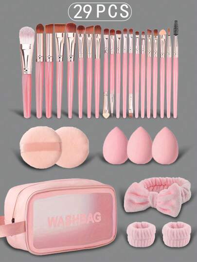 29件套化妆刷套装，包含：20支化妆刷、1个化妆包、3个水滴形美妆蛋、1个发带、2条腕带、2个粉扑。这套化妆刷套装包含多种化妆工具，刷毛柔软，采用高级合成纤维制成，涵盖粉底刷、眼影刷、眉刷、唇刷等多种类型，方便快速上妆，适合初学者和专业化妆师使用，是送给女性的理想礼物。