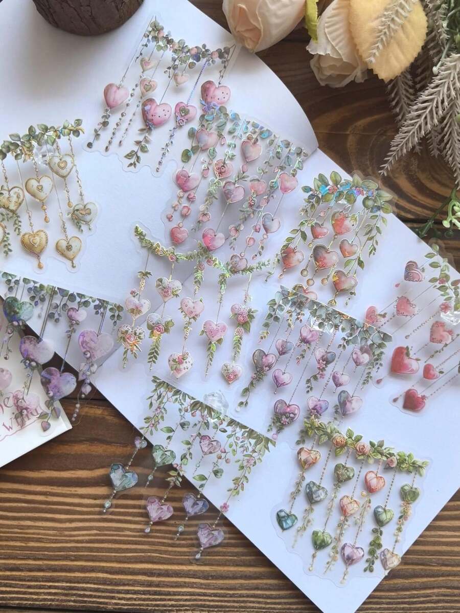 10 件/包复古防水大号 PVC 贴纸主题 - 贝壳、浪漫心形、水晶装饰、工艺剪贴簿贴纸包 - 彩色 - 查看 1