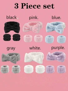 3件套/2件套头带套装（蝴蝶结头带、头带+腕带、毛巾腕带）可重复使用的SPA头带和腕带，纯色蓬松头带，毛绒头带，瑜伽头带，细纤维头带，女士腕带，可调节弹力化妆头带，适用于浴室、清洁、旅行必备及礼品