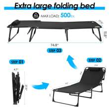 Cama plegable para camping con capacidad de 500 libras, sillón reclinable de 4 posiciones, cama plegable con colchón y almohada extraíbles, camas plegables portátiles para camping, hogar, oficina, jardín, piscina (negro gris)