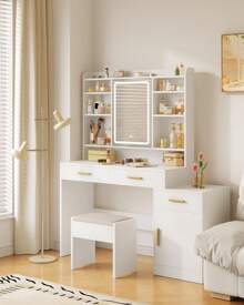 HEXCELEN Large Vanity Desk With Light Mirror, Makeup Vanity Dressing Table With 3 Drawers, Adjustable Shelves, Storage Cabinet, Bedroom Vanity Table For Girls Women(Christmas,Valentine's Day, Birthday, Women's Day),White - 白色 - 查看 2