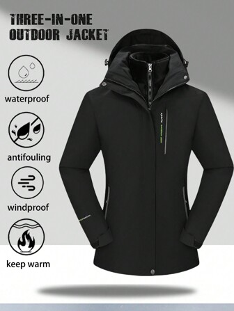 1set Women's Outdoor Sports Mountaineering Skiing Hiking Camping Windproof Waterproof Thermal Lined 3-In-1 Jacket With Softsthell Jacket, Black,Fleece,Skiing